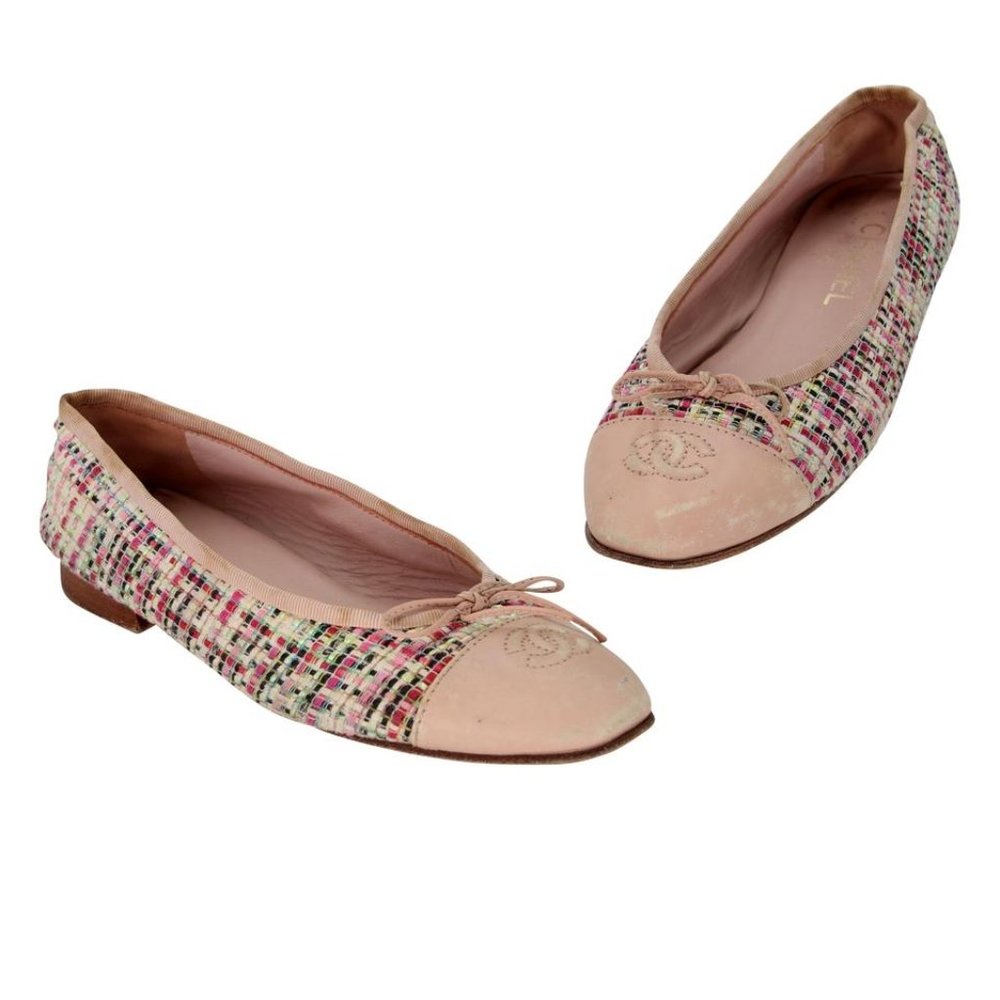 Chanel Ballet 38 Tweed and Leather Cap Toe Cc Flats CC-S0207P-C010